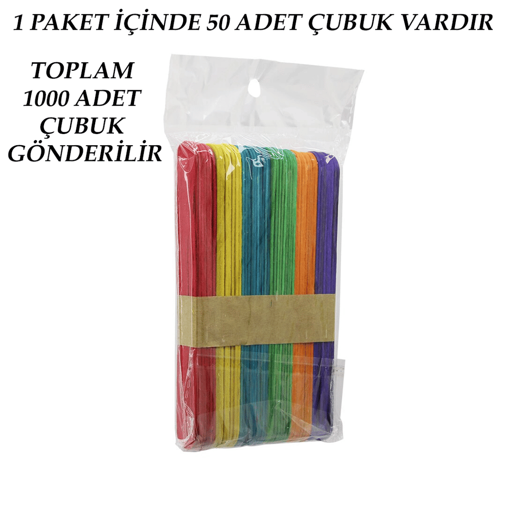 Renkli - 1000 Adet Ahşap Elişi - Dil Çubuk 15cm X 1.8cm Bx40
