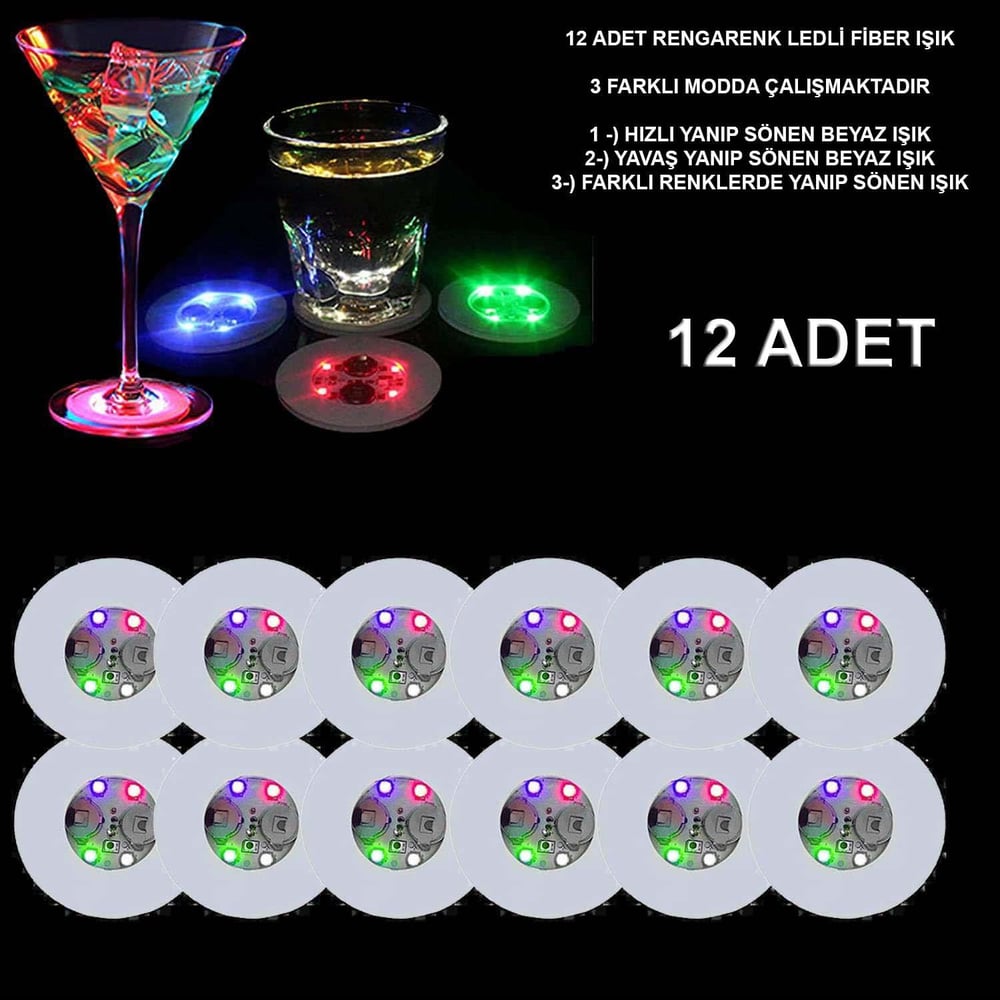 Renkli LED Işıklı Bardak Altlığı - Dekoratif (12 Adet, Pilli) (3936)