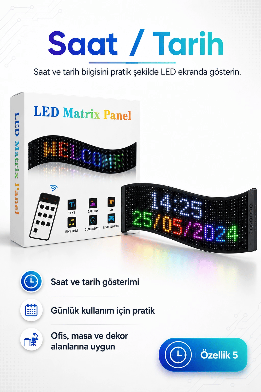 Renkli LED Kayan Yazı Paneli Uzaktan Kumandalı Metin Saat Ve Tarih Gösterimli