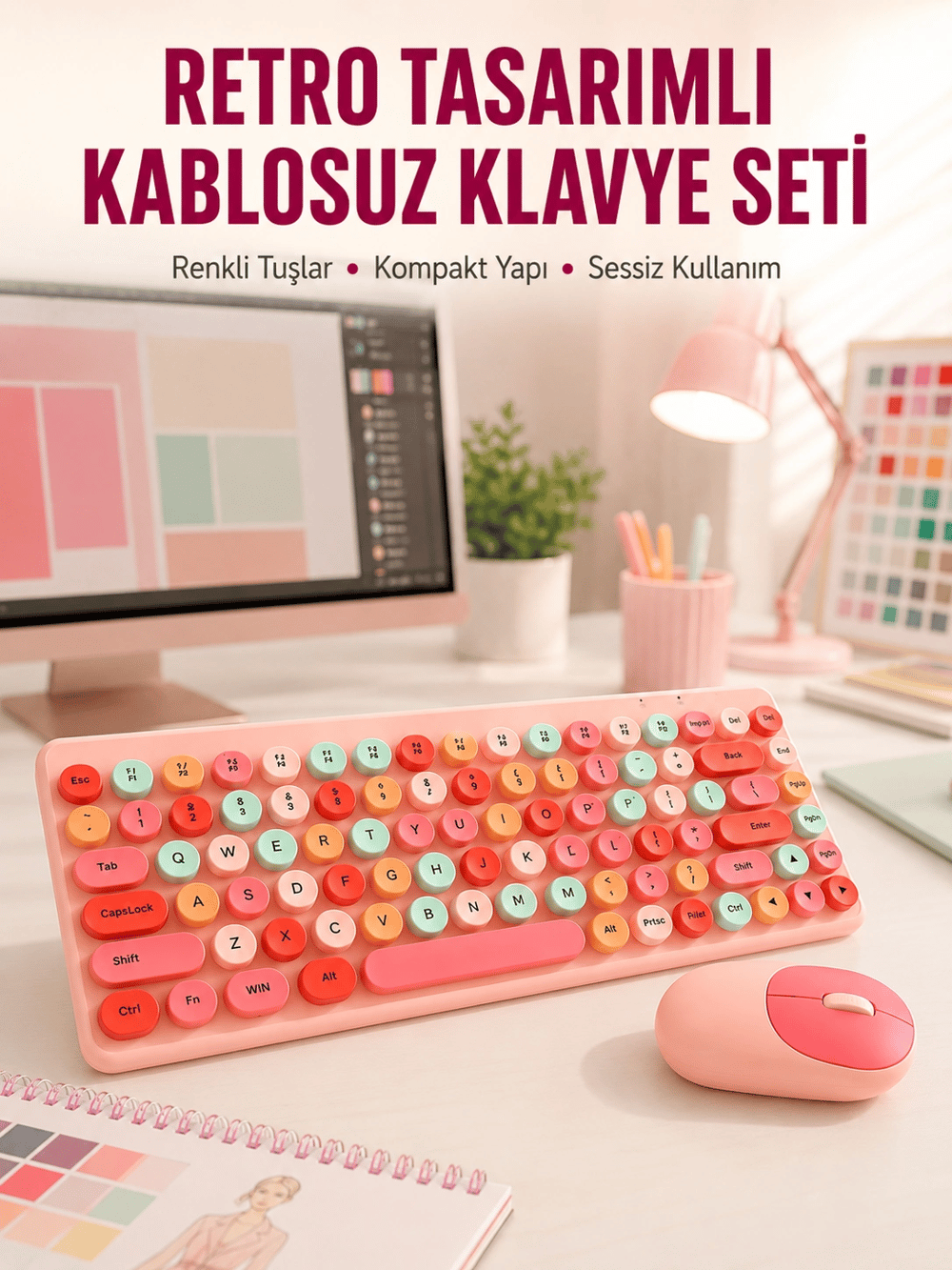 Renkli Retro Tuş Takımlı Klavye – 3 Cihaz Bağlantısı, Medya Kısayol Tuşları Yeni Nesil