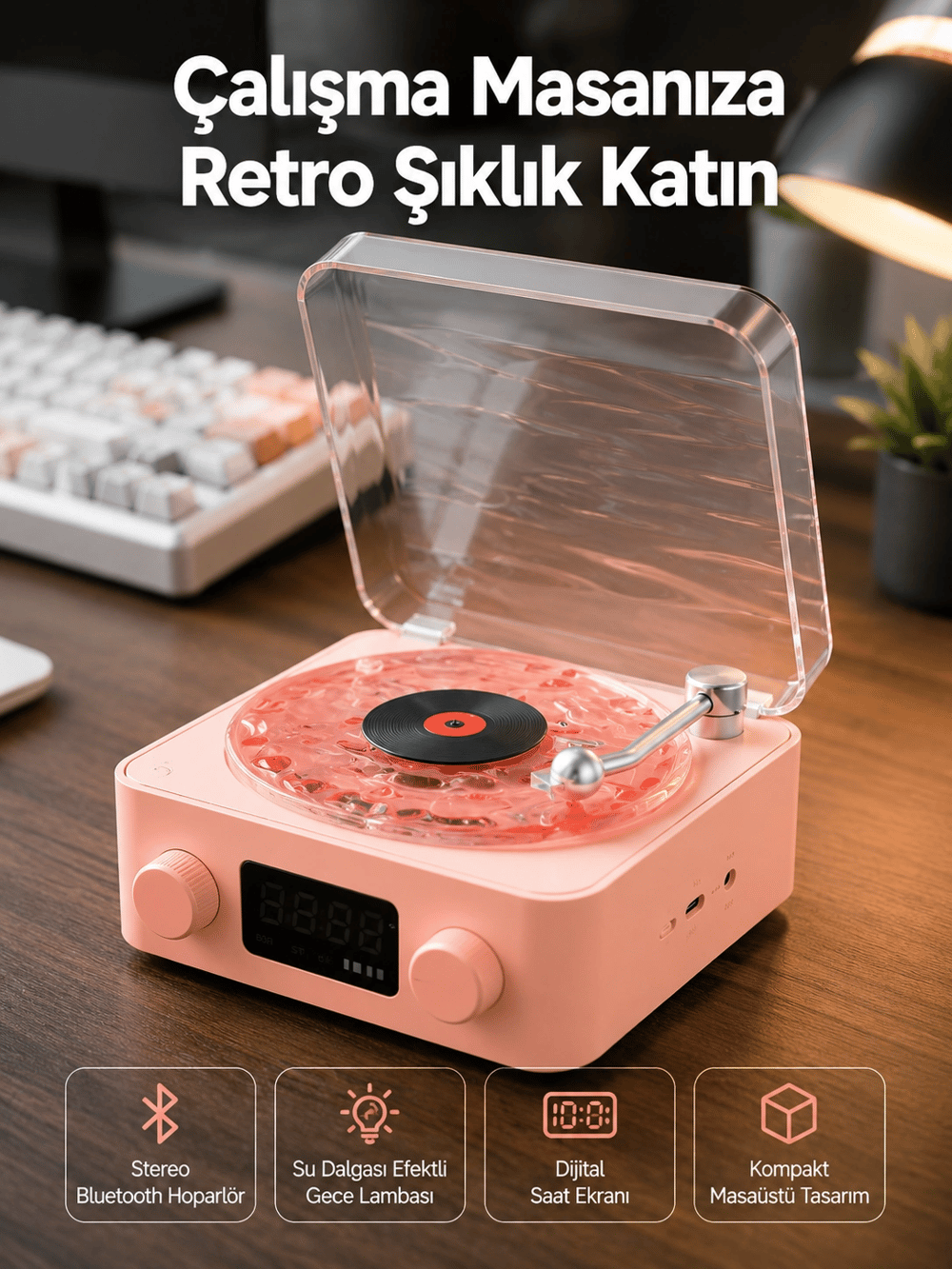 Retro Bluetooth Hoparlör – Kristal Ses, Gece Lambası, Saatli Tasarım Yeni Nesil