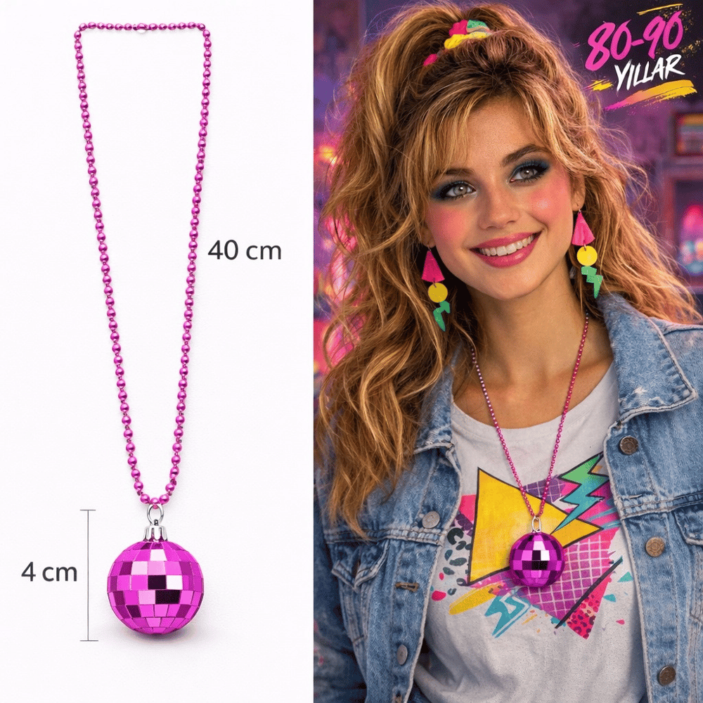 Retro Disko Topu Şekilli 80'ler 90'lar Fuşya Pembe Renk Plastik Kolye