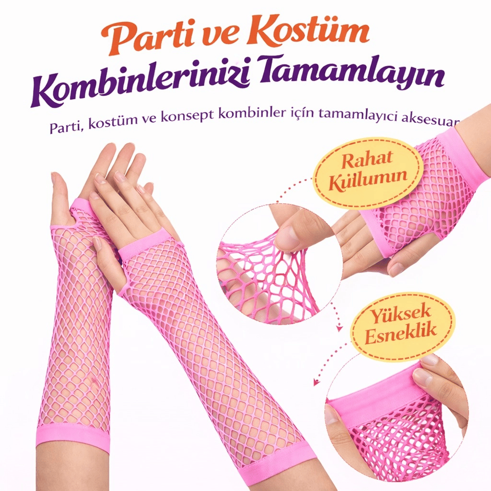 Retro Neon Pembe File Parmaksız Eldiven 26 cm