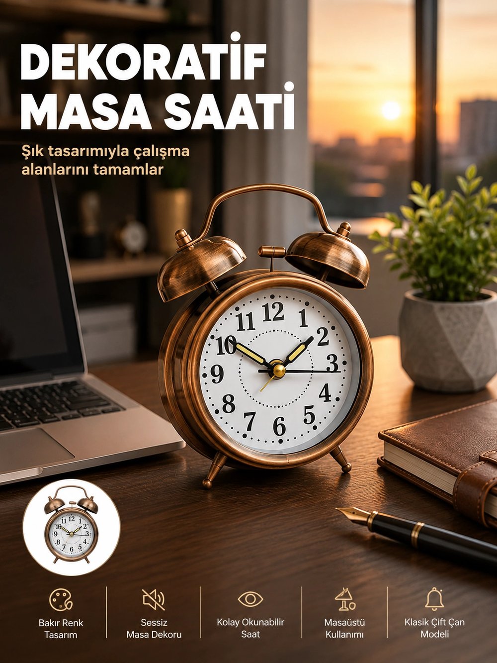 Retro Tarz Bronz Dekoratif Masa Saati Metal Gövde Yüksek Sesli Alarm