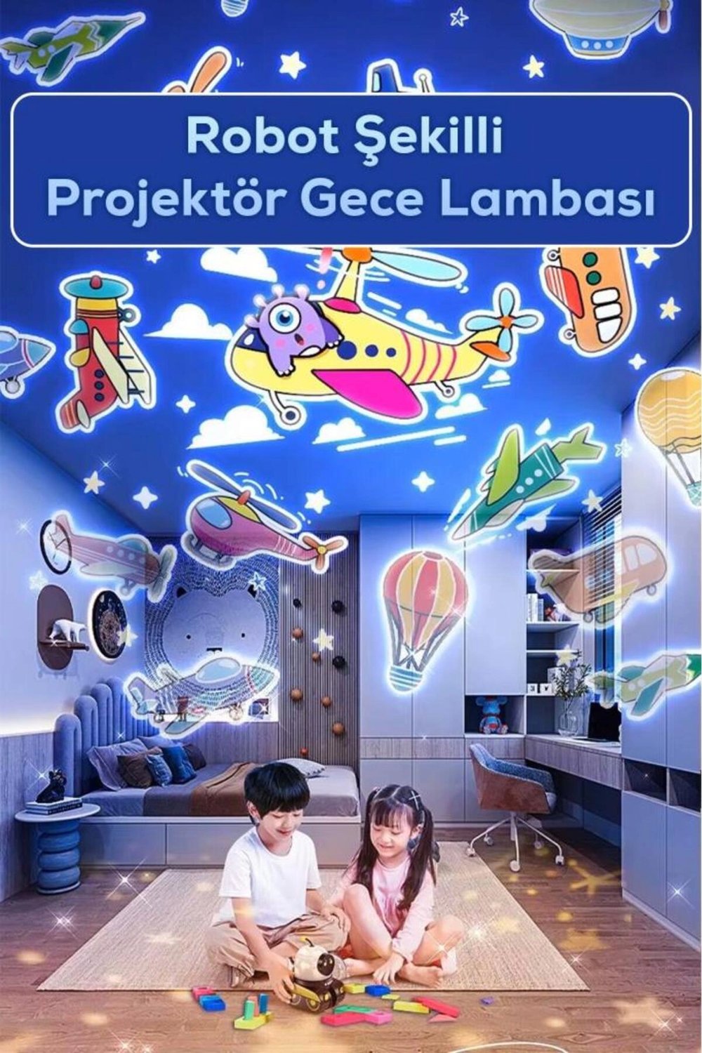 Robot şekilli siyah plastik şarjlı müzikli projektör gece lambası 16 x 14 cm - 16 x 14 Boyut/Ebat