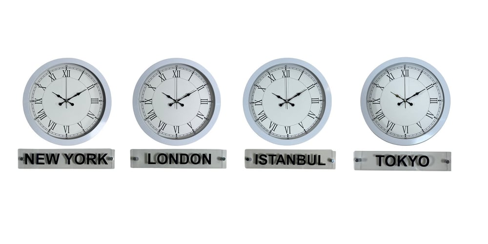 Roma Rakamlı 4’lü Dünya Saat Seti (Metal Beyaz Tabelalı)