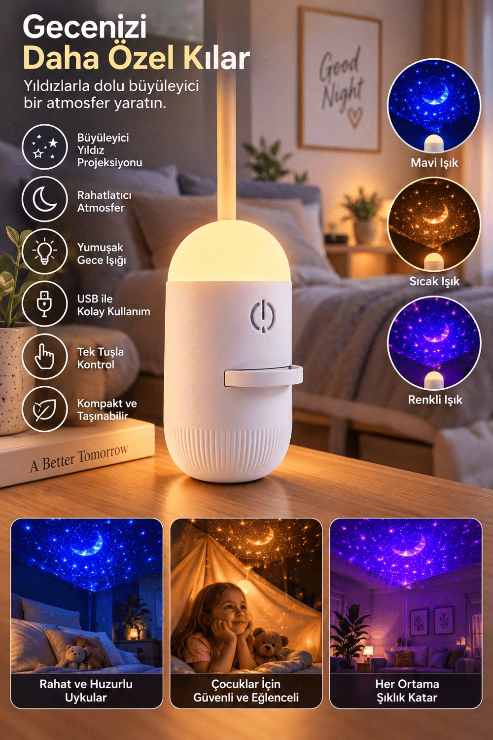 Romantik Atmosfer İçin Ay Yıldız Projeksiyonlu Gece Lambası