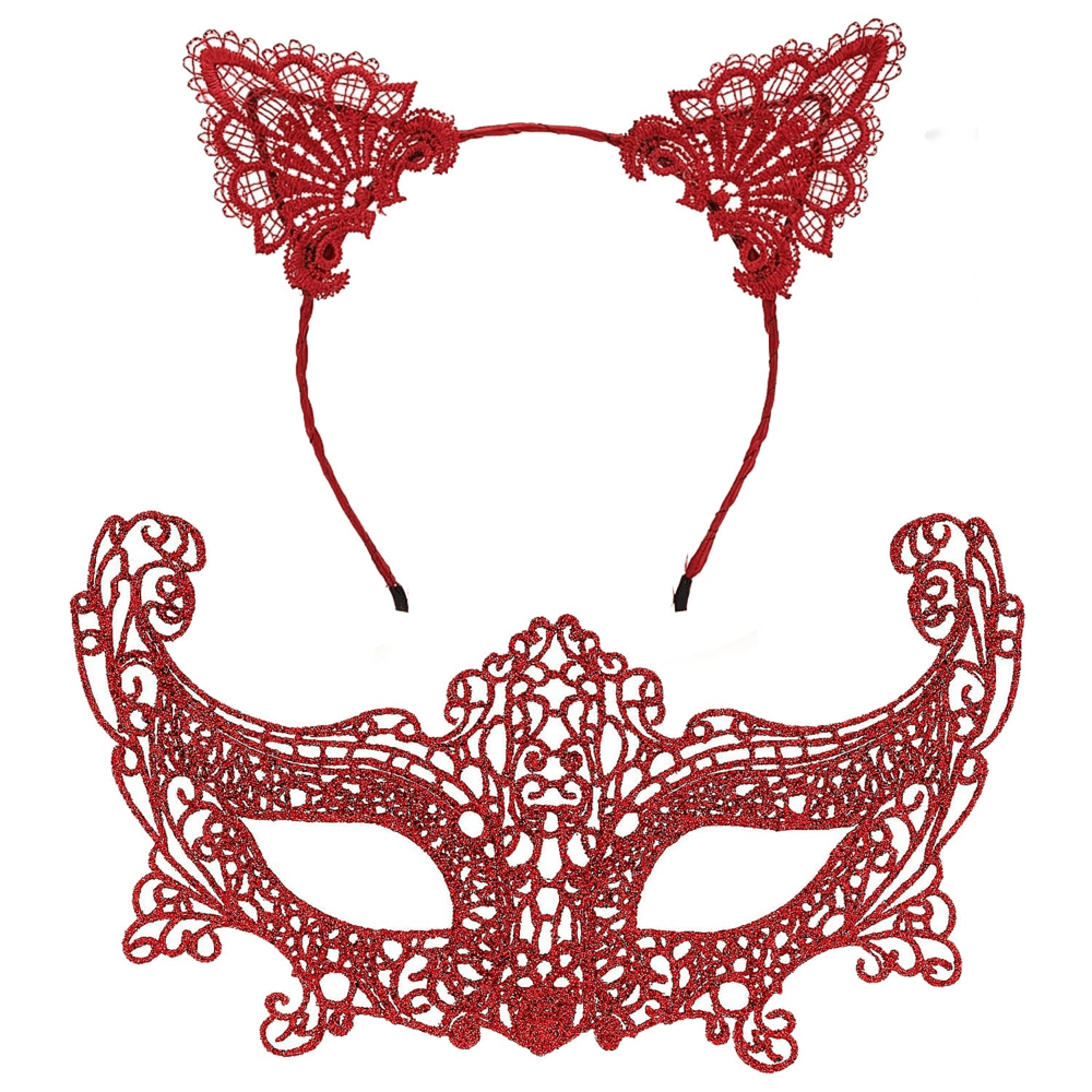 Romantik Kırmızı Dantel Maske Seti – Kedi Kulaklı Taç Ve Maske 3 No Bx40