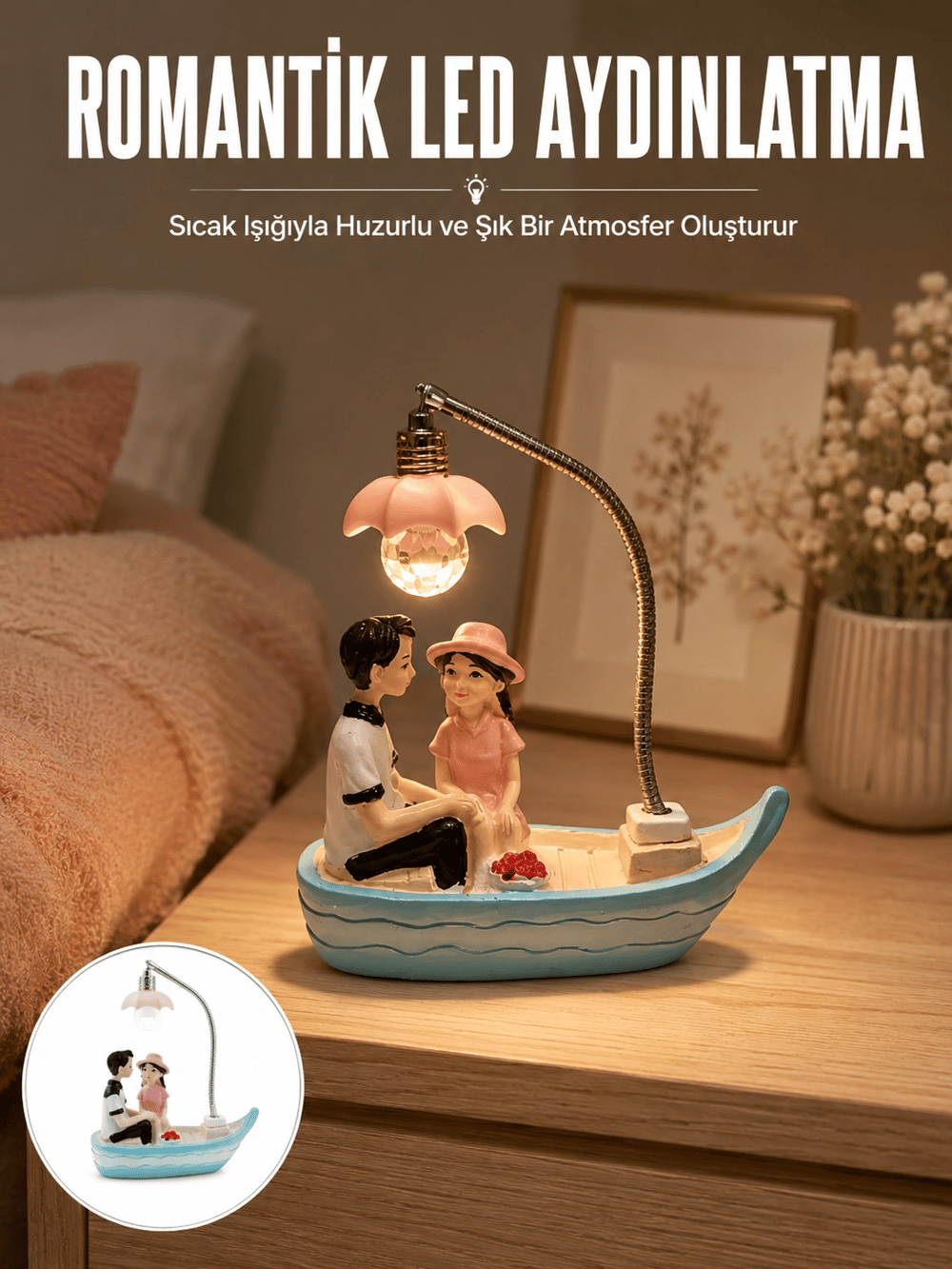 Romantik Sandal Üzerinde Çift Figürü LED Gece Lambası Masa Dekoru Yeni Nesil