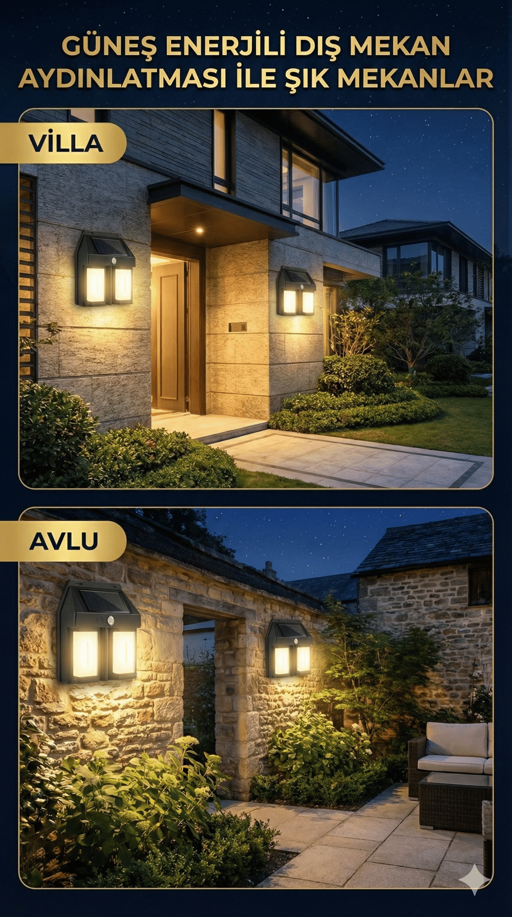 Rustik Ampul İkili Solar Duvar Aplik Güneş Enerjili Hareket Sensörlü