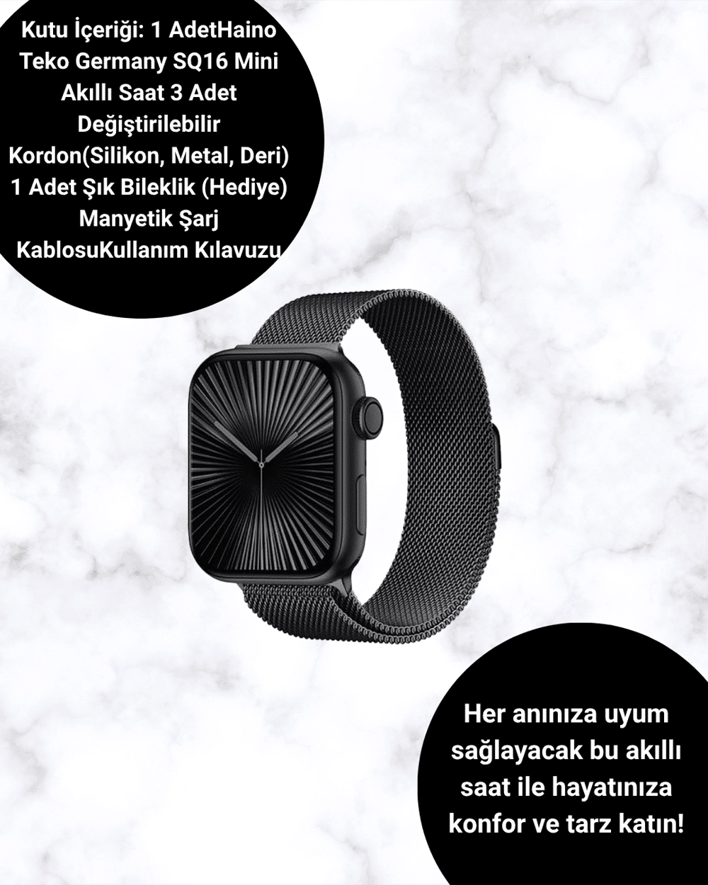 SQ-16 Mini Series 10 Akıllı Saat | Şık ve Hafif Tasarım, 3 Kordon Seçeneği