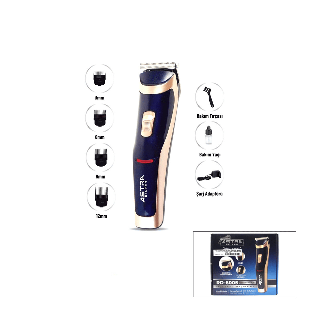 Saç Sakal Kesme Traş Makinesi Fiş Şarjlı - Led Gösterge - Renkli Krom Kaplama Gövde  Rd-6005 Bx40