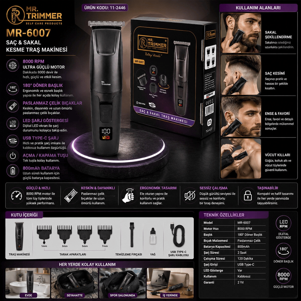 Saç Sakal Kesme Traş Makinesi Şarjlı Dijital Göstergeli 180° Döner Başlık 3-6-9-12mm Tarak Mr-6007 Bx40