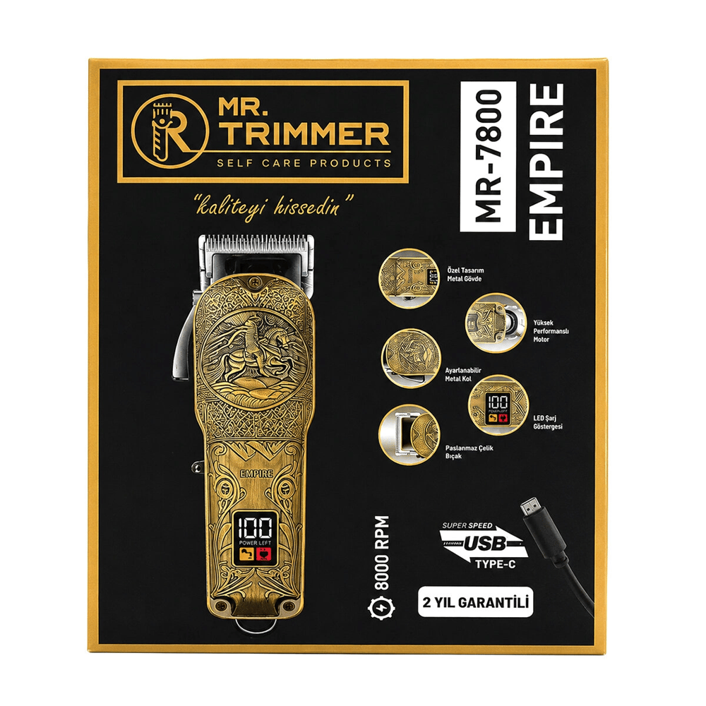 Saç Sakal Kesme Traş Makinesi Usb - Type-c Şarjlı - Led Gösterge 3-7-9-12mm Tarak Mr-7800 Bx40