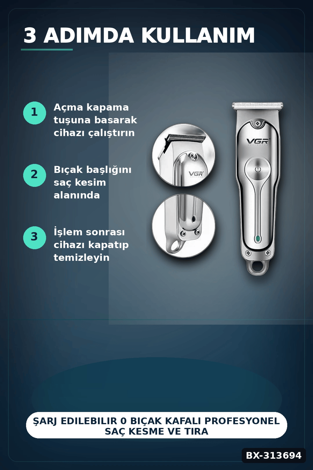 Şarj Edilebilir 0 Bıçak Kafalı Profesyonel Saç Kesme Ve Tıraş Makinesi BX-313694