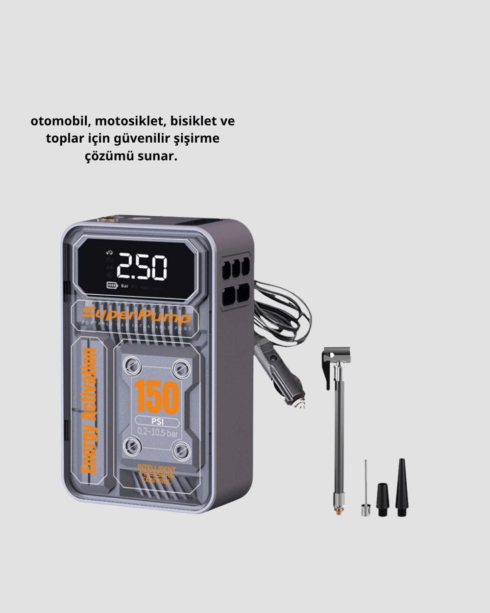 Şarjlı Kablosuz Hava Pompası – 150 PSI Basınç, LED Ekran ve 6000mAh Batarya