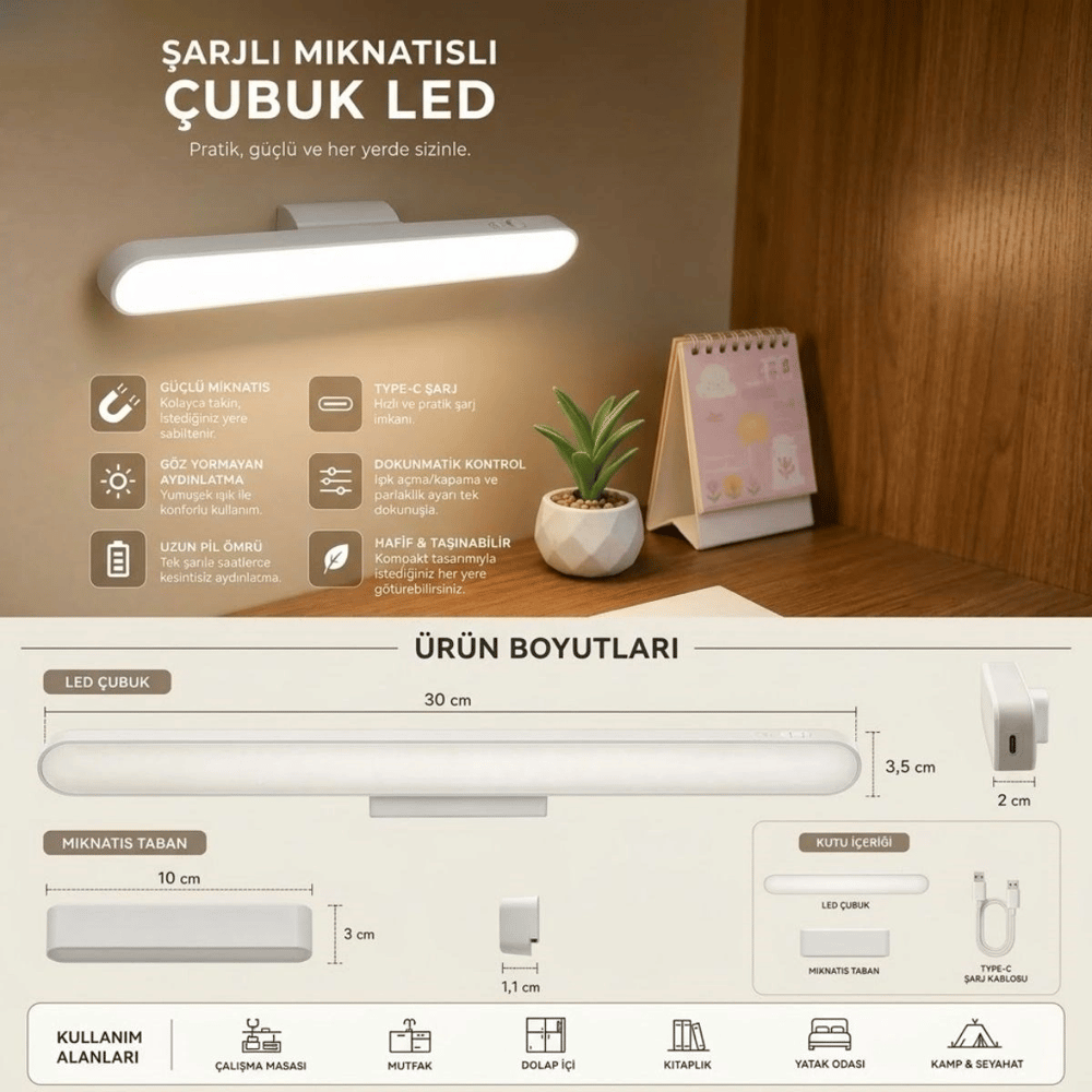 Şarjlı Manyetik Led Çubuk Lamba, Dokunmatik, 3 Modlu, Kablosuz Mutfak Dolap Altı Ve Dekoratif Aydınlatma Bx40