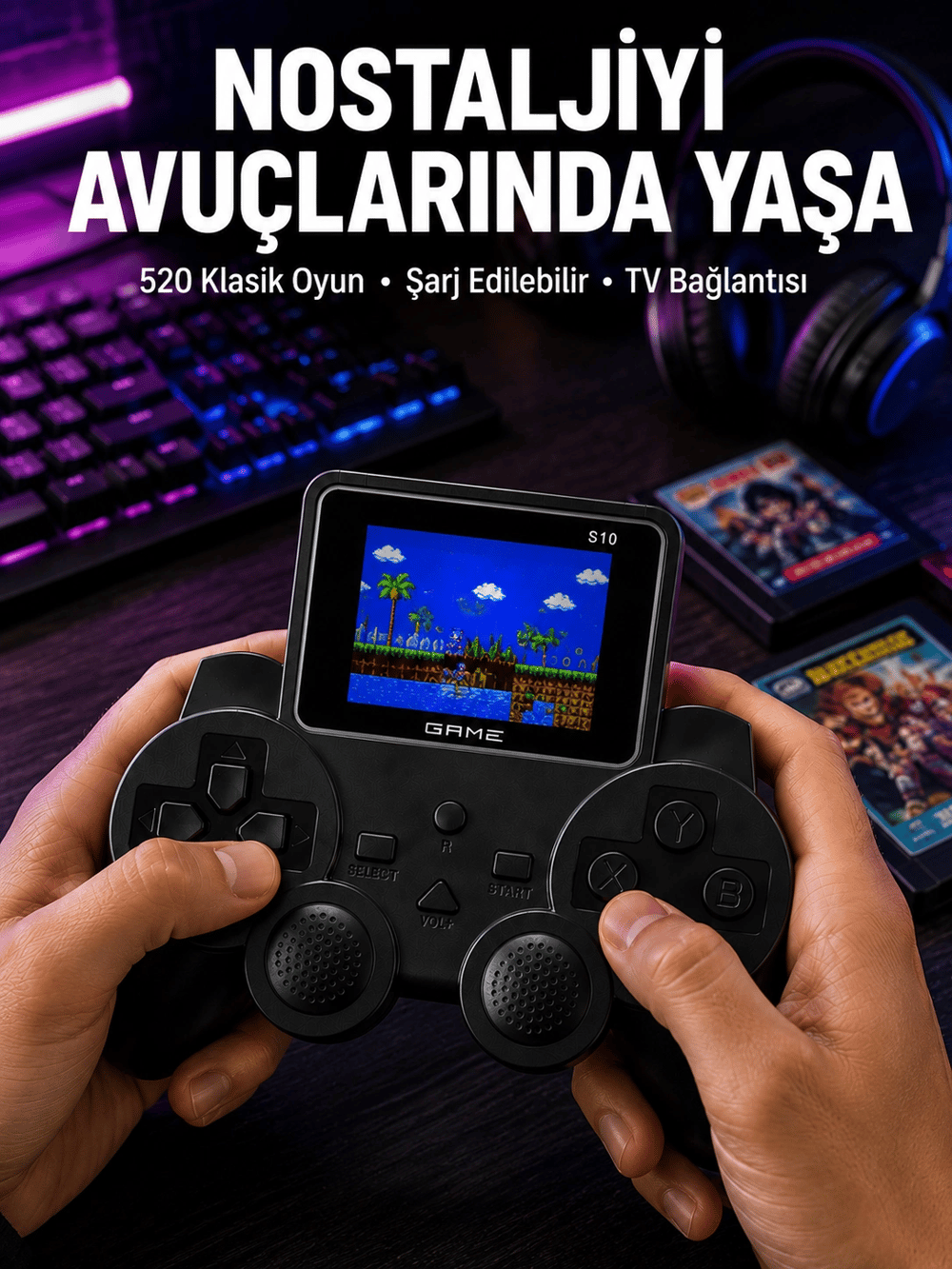 Şarjlı Retro Gamepad Oyun Konsolu 520 Oyunlu TV Çıkışlı El Konsolu