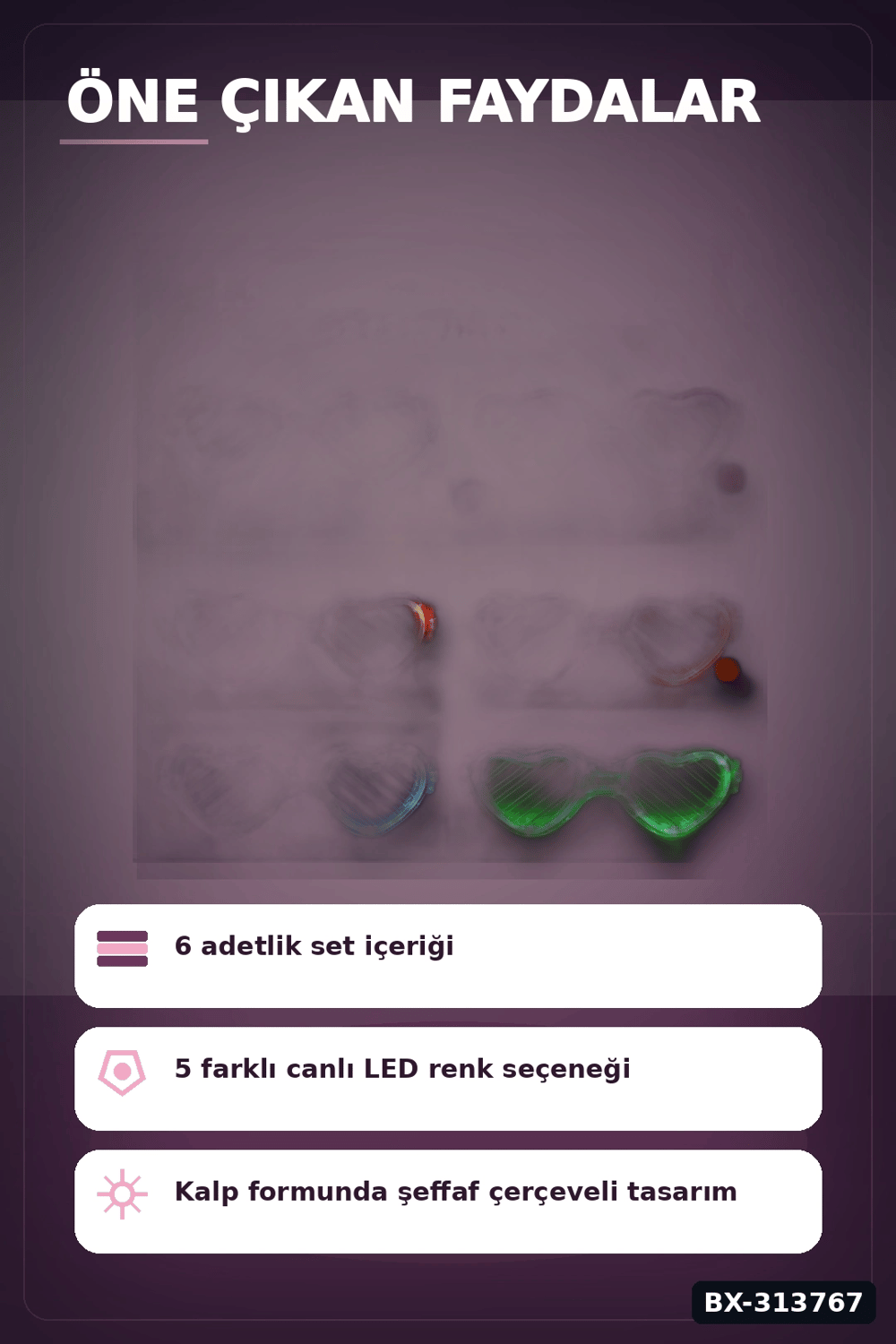 Şeffaf Çerçeveli Led Işıklı Kalp Glow Parti Gözlüğü - 6 Adet Set, Festival Hediyesi BX-313767