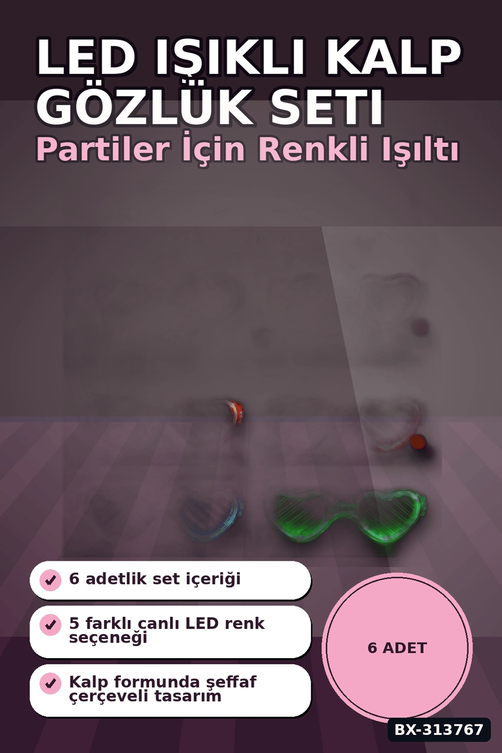 Şeffaf Çerçeveli Led Işıklı Kalp Glow Parti Gözlüğü - 6 Adet Set, Festival Hediyesi BX-313767