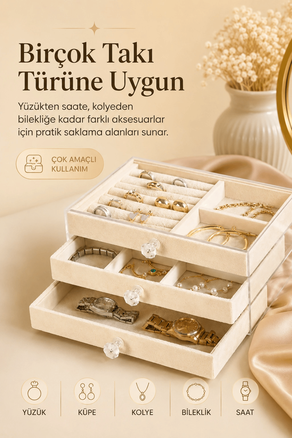 Şeffaf Kapaklı Kadife Takı Kutusu Çekmeceli Yüzük Kolye Saat Organizeri