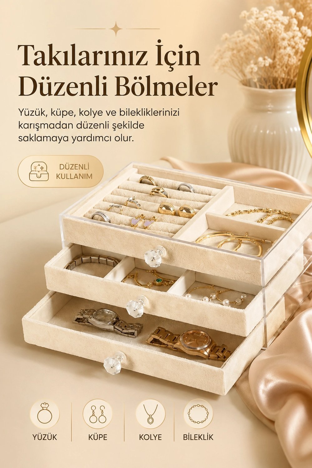 Şeffaf Kapaklı Kadife Takı Kutusu Çekmeceli Yüzük Kolye Saat Organizeri