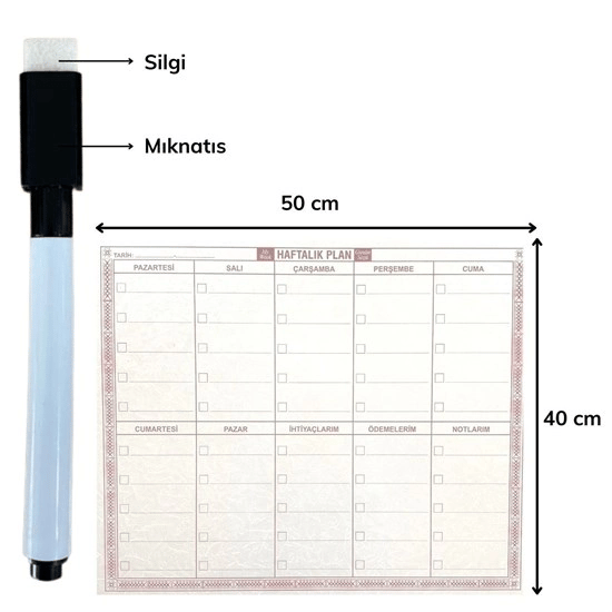 Şeffaf Kendiliğinden Yapışkanlı Kalemli Haftalık Planlayıcı 40cm-50cm Bx40