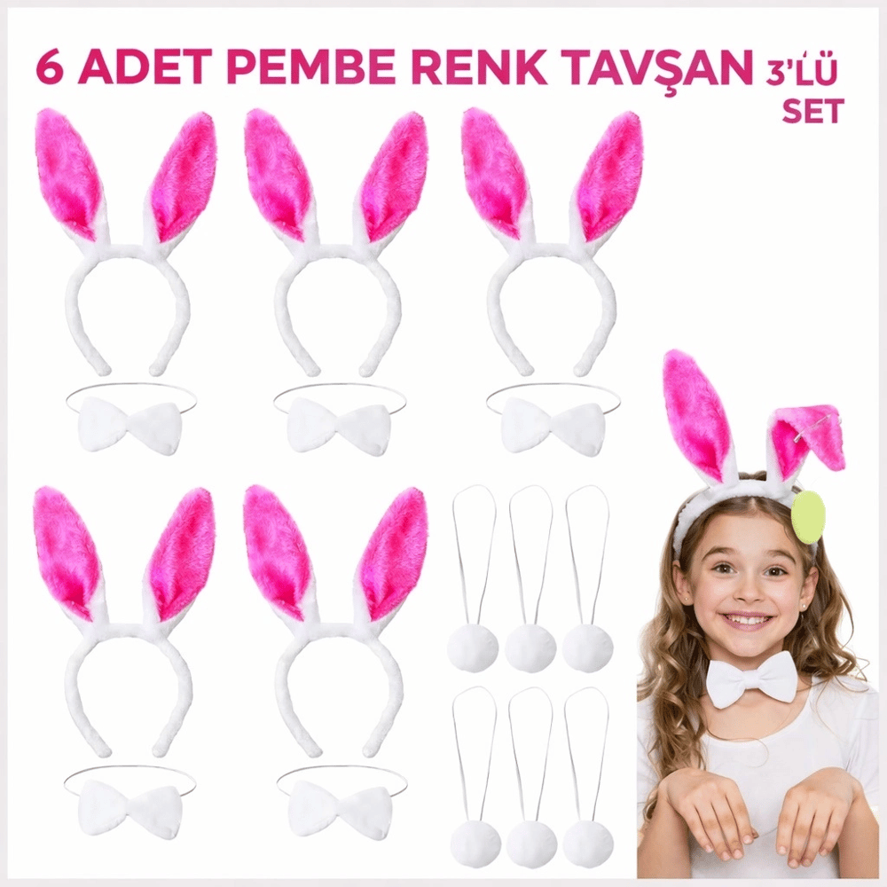 Şeker Pembesi Tavşan Sahne Seti 6'lı Set Taç Papyon Kuyruk Bx40