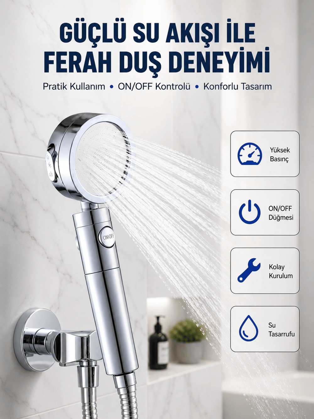Şelale Sisi ve Masaj Özellikli Banyo Duş Başlığı