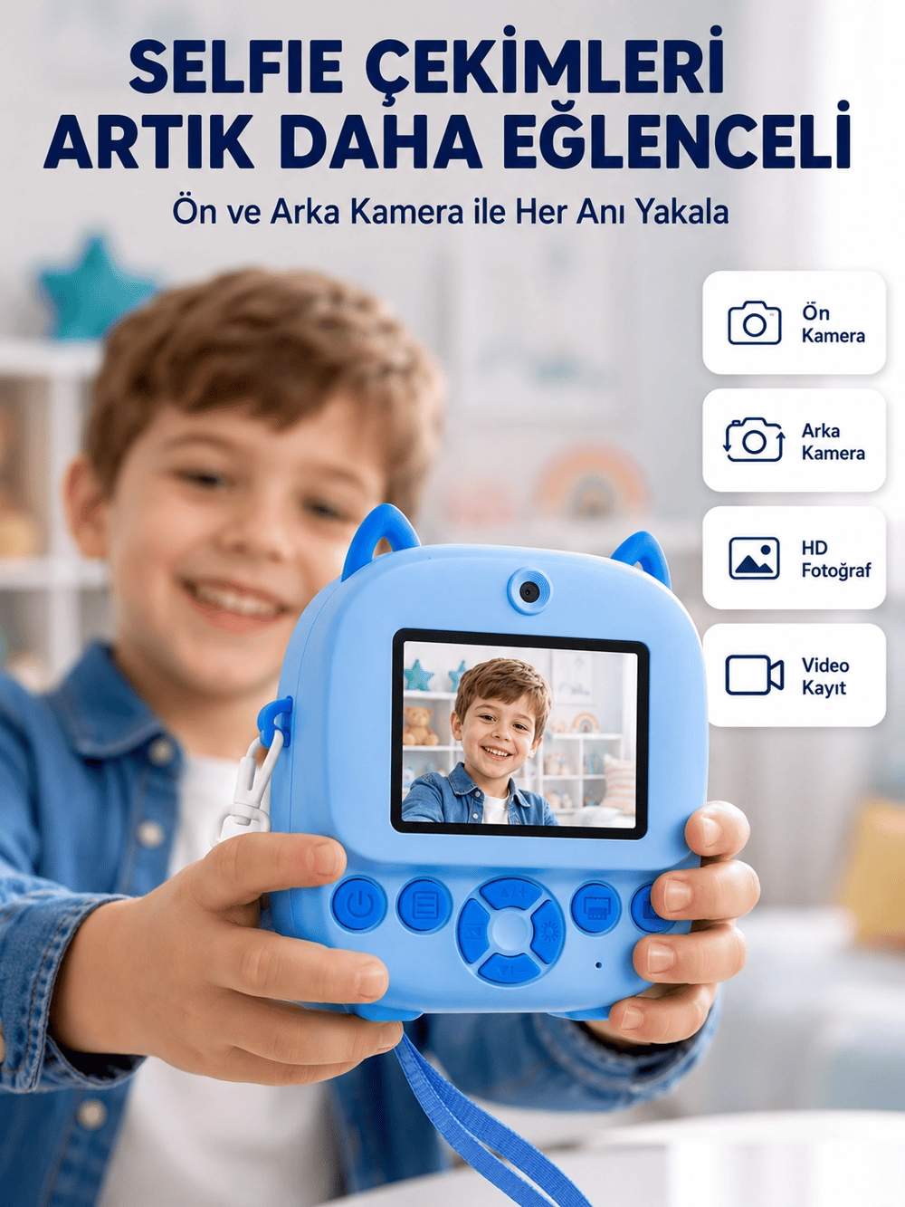 Selfie Özellikli Çocuk Fotoğraf Makinesi Mürekkepsiz Termal Baskı Teknolojisi