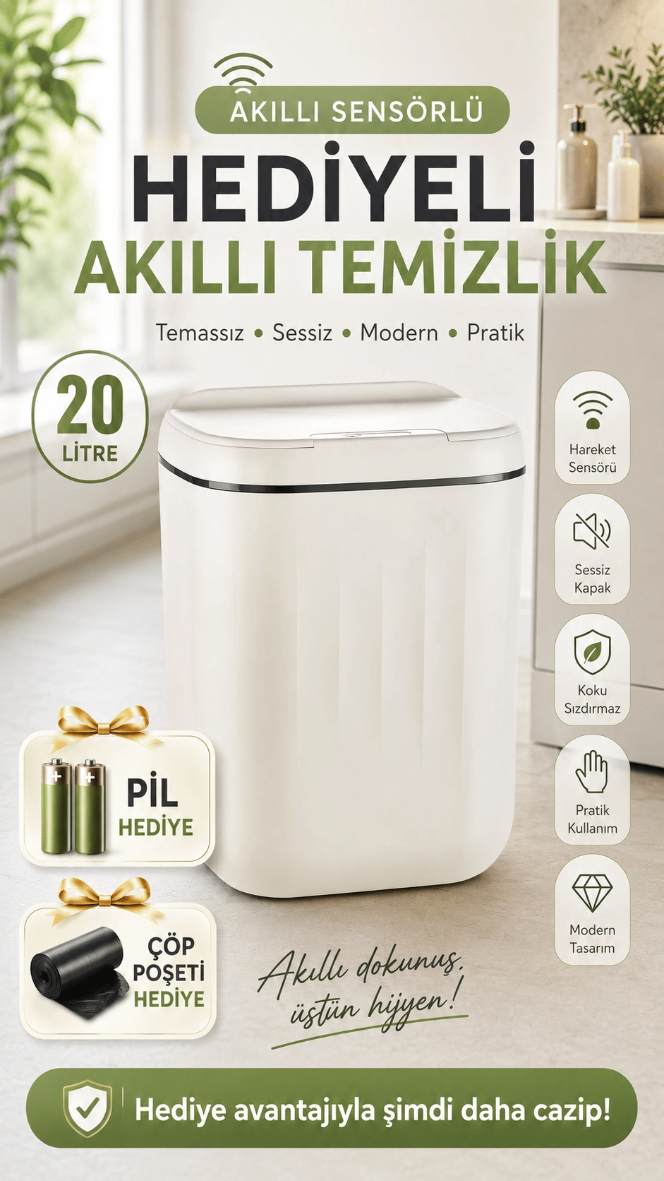 Sensörlü Çöp Kovası 20 Litre Antibakteriyel UV Işık Çöp Torbası Sabitleyici Aparat 4 Pil Hediyeli