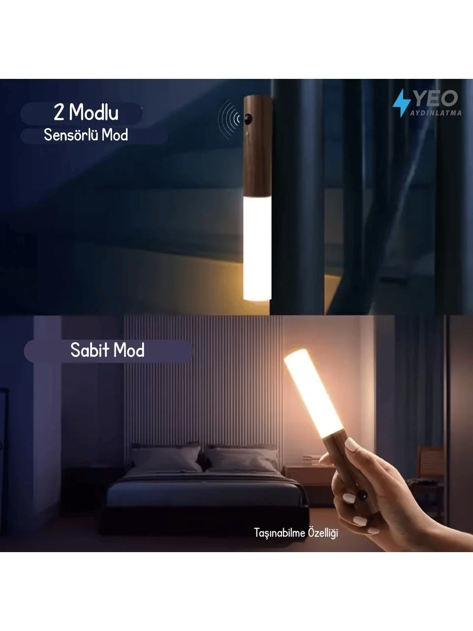Sensörlü Usb Şarjlı Mıknatıslı Taşınabilir Duvar Aplik Masa Lambası Ahşap Görünümlü Gün Işığı Bx40