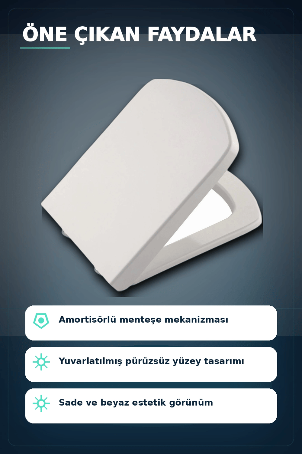 Sessiz Amortisörlü 44x35 cm Beyaz Kare Klozet Kapağı - Yavaş Kapanan Mekanizma BX-313437