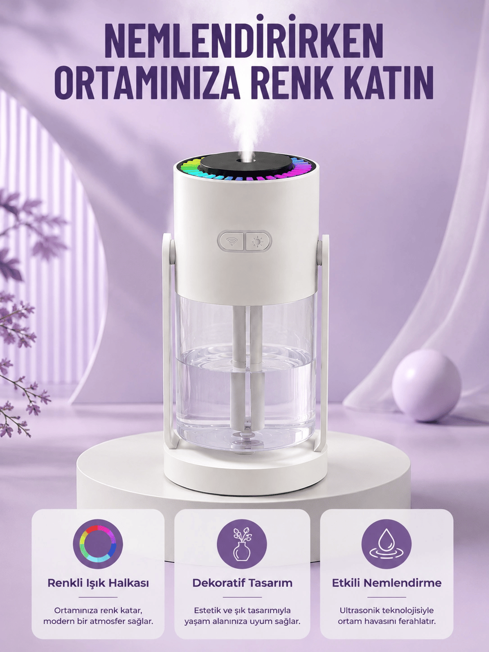Sessiz Hava Nemlendirici Renkli Gece Işıklı Otomatik Kapanma Özellikli Nemlendirme Cihazı