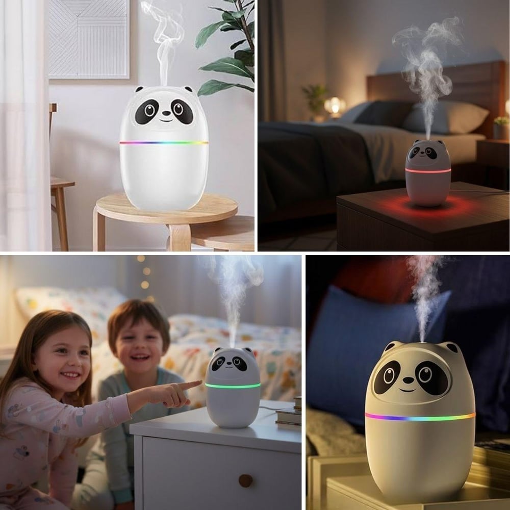 Sevimli Panda Figürlü Hava Nemlendirici – Ultrasonik Soğuk Buhar Makinesi, LED Işıklı Masaüstü Oda Nemlendirici (3936)