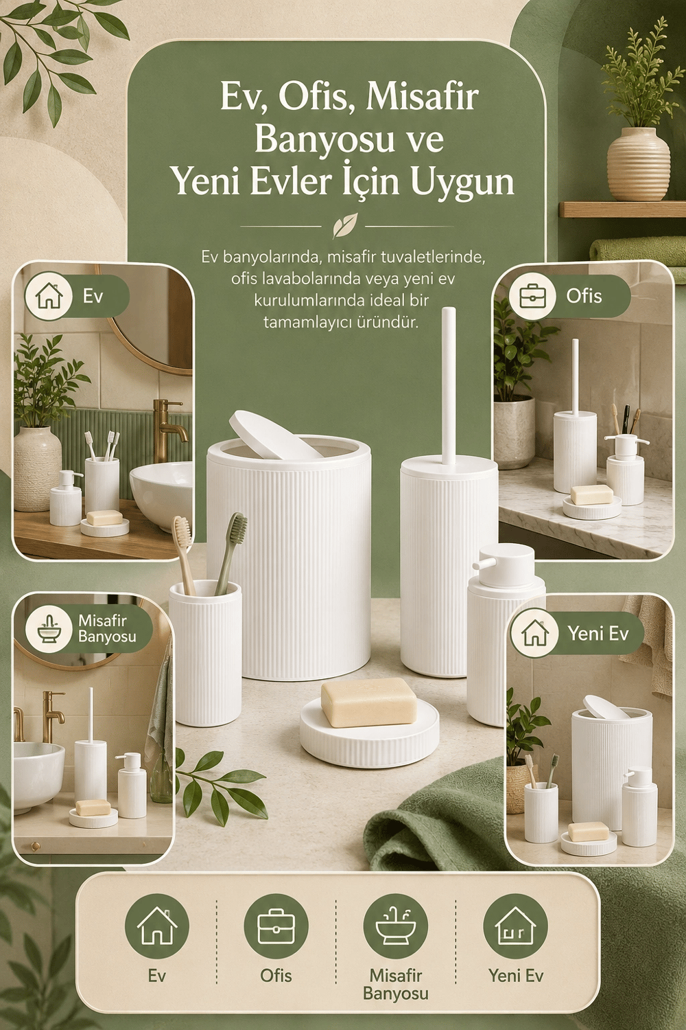 Şık Görünümlü Beyaz Banyo Aksesuar Takımı 5 Parça Günlük Kullanıma Uygun Set