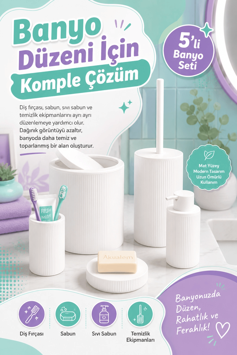 Şık Görünümlü Beyaz Banyo Aksesuar Takımı 5 Parça Günlük Kullanıma Uygun Set