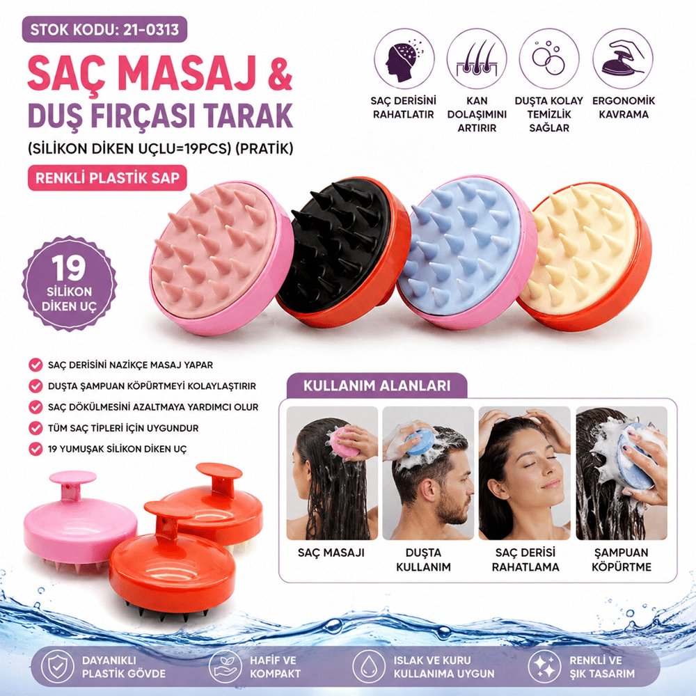 Silikon Uçlu Pratik Saç Masaj - Duş Fırçası Bx40