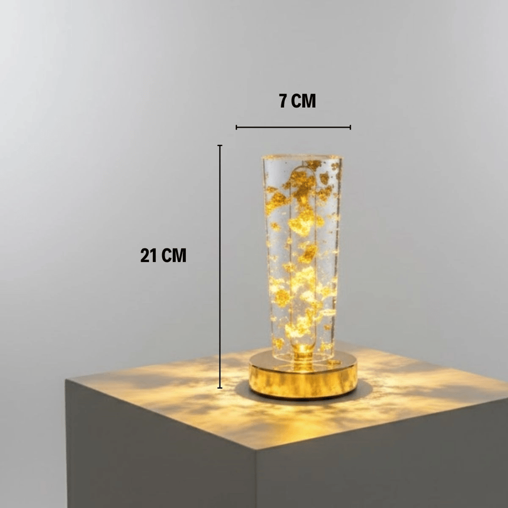 Silindirik Kristal Altın Toz model Led Masa Lambası – Gold Tabanlı, Dokunmatik, 3 Renk Işık Modlu, Şarjlı Modern Dekoratif Gece Lambası Bx40