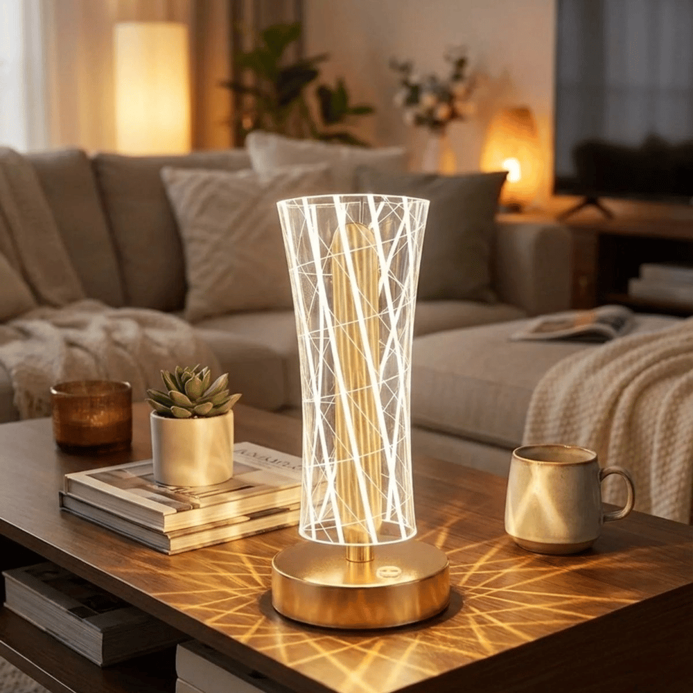 Silindirik Kristal Çizgi Model Led Masa Lambası – Gold Tabanlı, Dokunmatik, 3 Renk Işık Modlu, Şarjlı Modern Dekoratif Gece Lambası Bx40