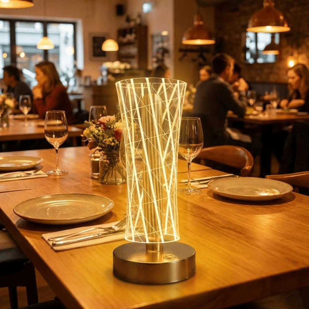 Silindirik Kristal Çizgi Model Led Masa Lambası – Gold Tabanlı, Dokunmatik, 3 Renk Işık Modlu, Şarjlı Modern Dekoratif Gece Lambası Bx40