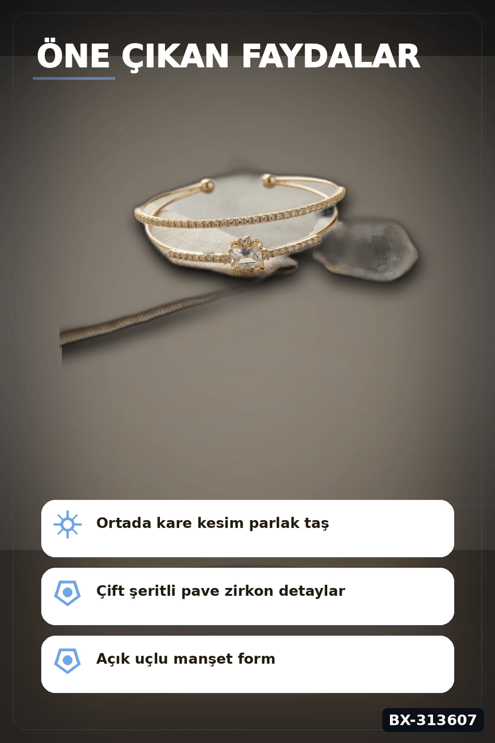 Simetrik Kare Kesim Zirkon Taşlı Pirinç Kadın Bileklik 18 cm Tekli Paket BX-313607