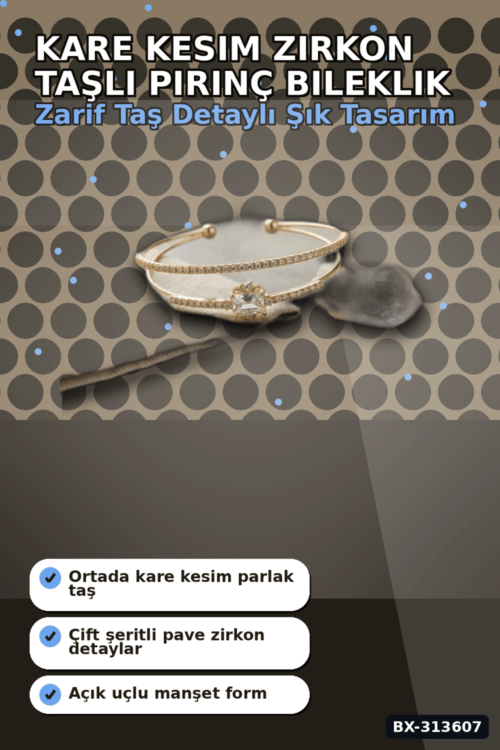 Simetrik Kare Kesim Zirkon Taşlı Pirinç Kadın Bileklik 18 cm Tekli Paket BX-313607