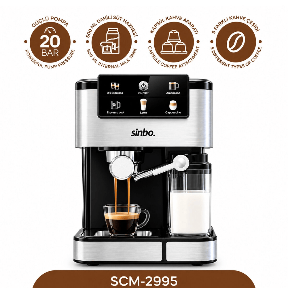 Siyah - Krom Espresso Kahve Makinesi 6 Farklı Kahve 1.5lt Su Hazne - 500ml Süt Hazne 1350w Scm-2995 Bx40