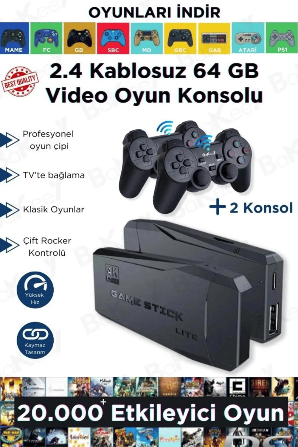 Siyah 2.4g kablosuz çift kollu retro oyun konsolu oyunlu game stick bluetooth yok