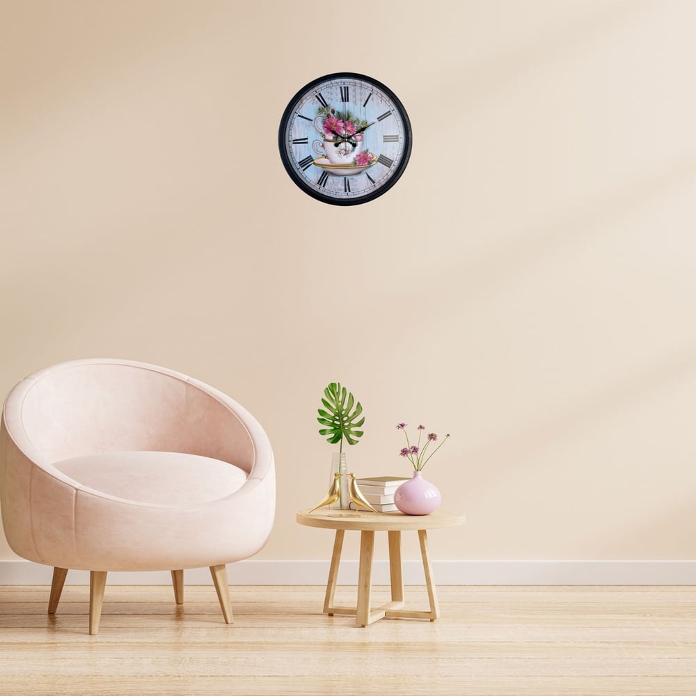 Siyah Floral Tea Cup Duvar Saati