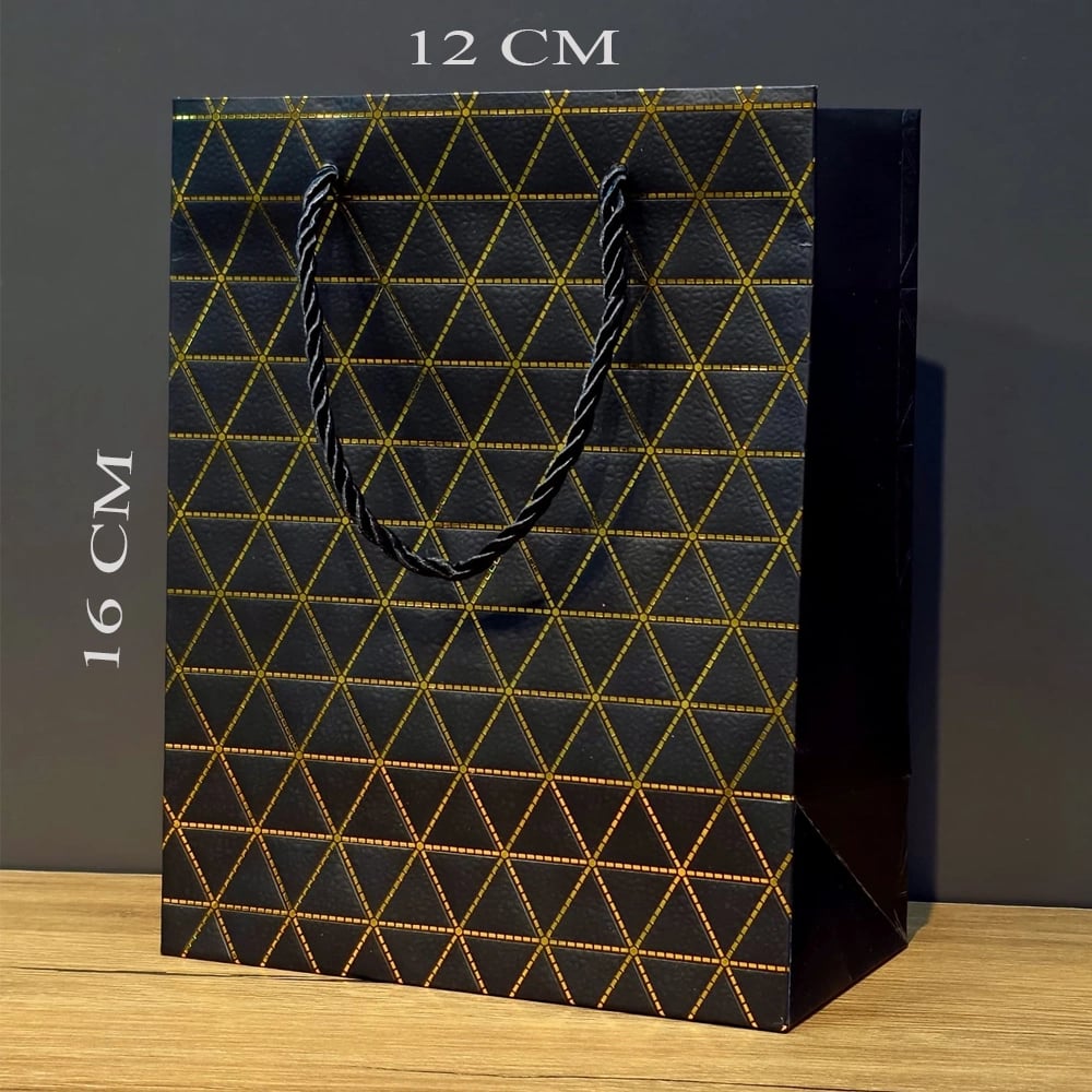 Siyah Geometrik Desenli Mini Boy Karton Hediye Çantası