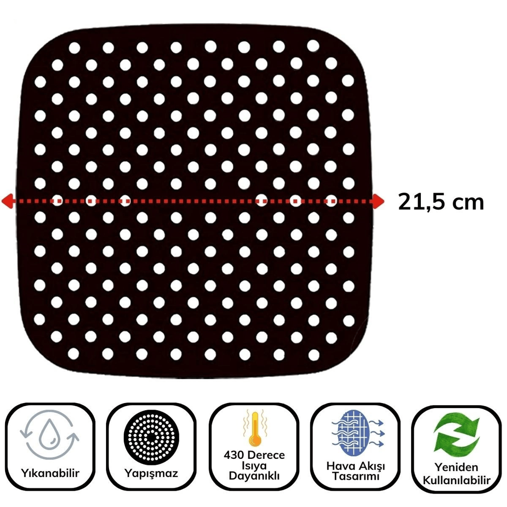 Siyah Isıya Dayanıklı Yıkanılabilir Silikon Fırın Ve Airfryer Kare Model Pişirme Matı 21,5 Cm Bx40