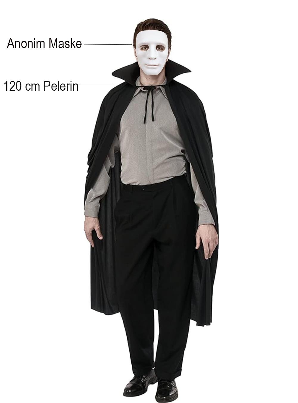 Siyah Renk Yakalı 120 cm Pelerin ve Beyaz Anonim Maske (3936)