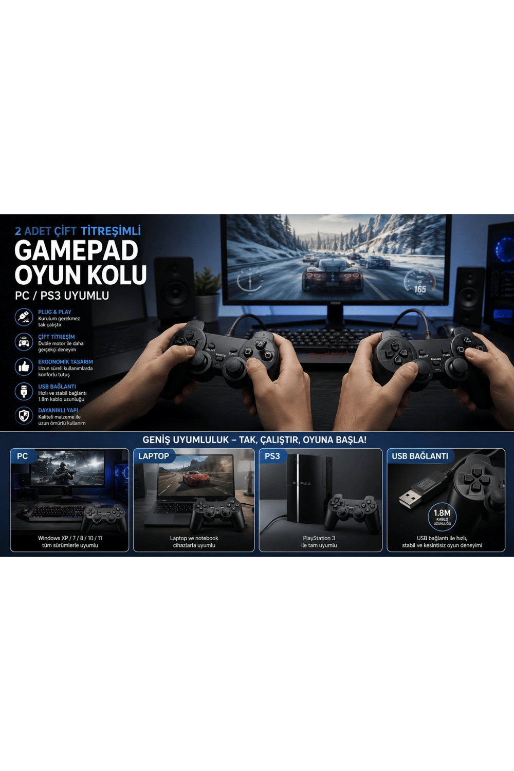 Siyah kablolu çift motorlu titreşimli joystick PC uyumlu USB bağlantılı 1 yıl garantili